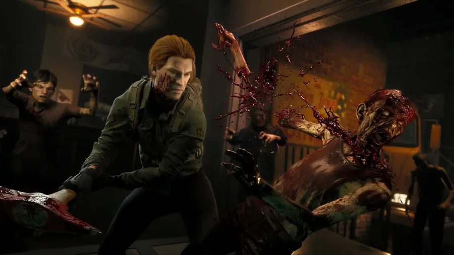 A survivor swings a fire axe into a zombie horde in a dark interior