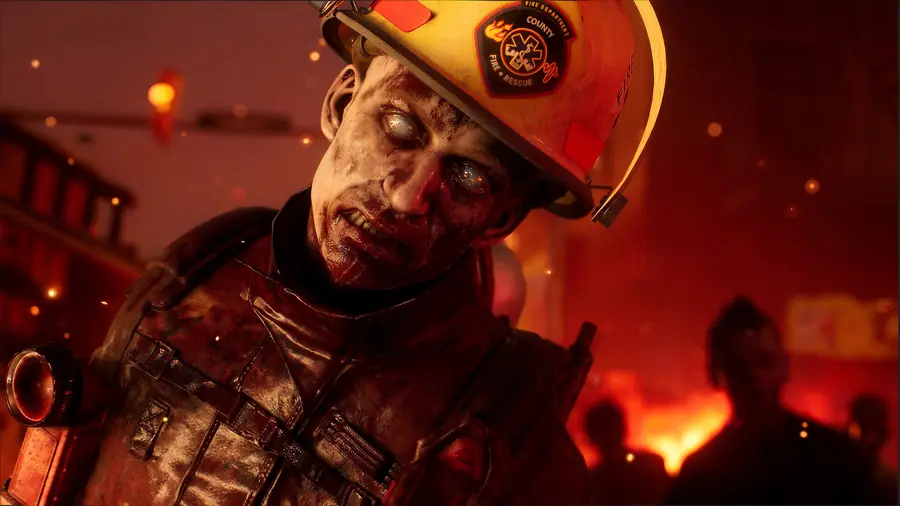 A zombie firefighter in a burning scene